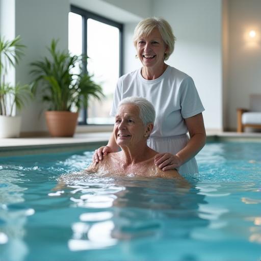 A person participating in a gentle hydrotherapy session in a calm pool.