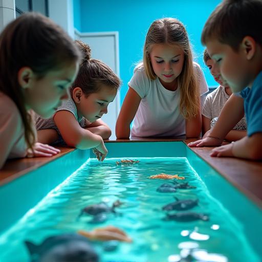 A group of students observing marine life in a touch tank.