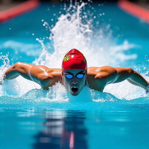 A competitive swimmer executing a perfect butterfly stroke.