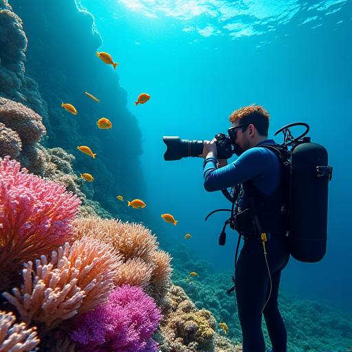 An underwater photographer capturing a shot of a colorful coral reef.