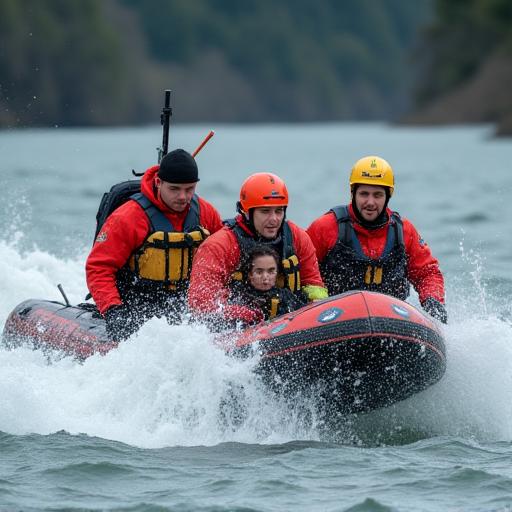 A water rescue team conducting a training drill in rough waters.
