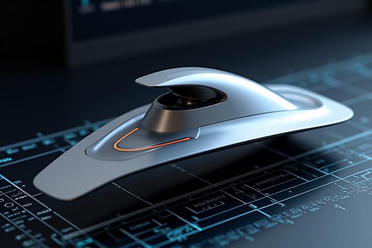A 3D CAD model rendering of a futuristic monofin on a computer screen.