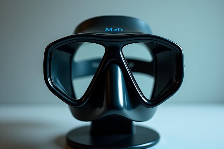 A sleek, finished custom diving mask displayed on a stand.